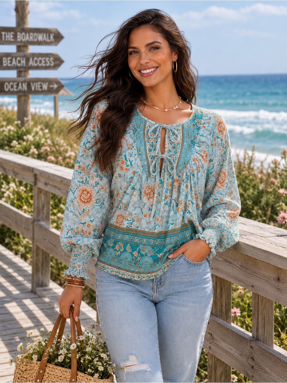 Boho Floral Print Lantern Sleeve Tie Front Blouse - Picture 5 of 6
